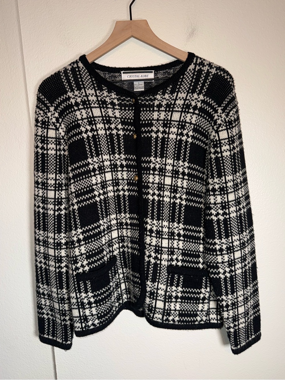 CRYSTAL COBE vintage plaid Old Money acrylic work wear cardigan sweater S